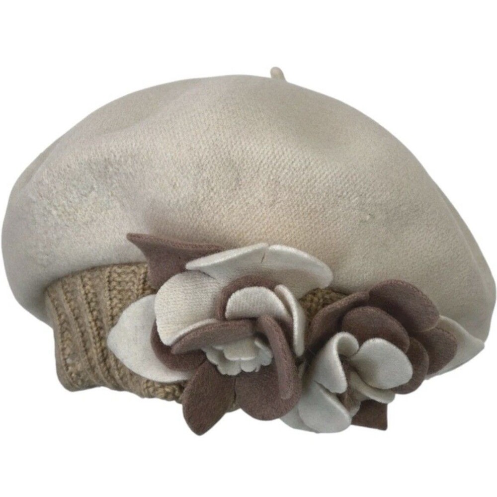 Forbusite Women's 100% Wool Beret Hat Cream Beige Floral Applique NWT